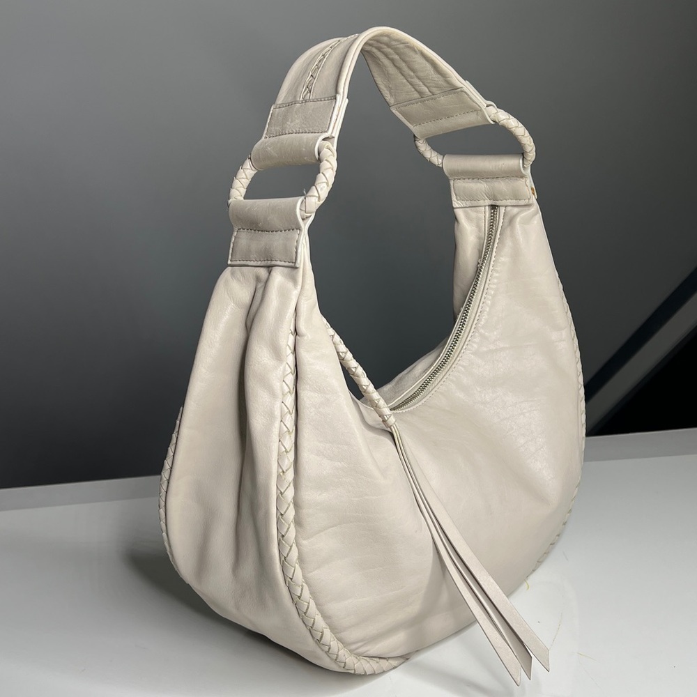 Kenneth Cole Large Zip Top Half Moon Hobo Bone Color Leather Bag Purse